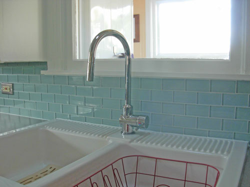 Residential Kitchen Backsplash in Prism Squared 2 x 4 Glass Subway Tile - Aquiline.