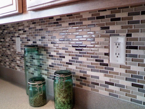 Glass & Stone Subway Mosaic Tile Kitchen Backsplash in Terra Milan Blend