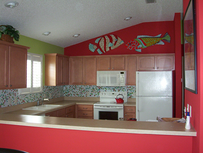 Residential Kitchen in custom blend of Kaleidoscope Color Grove Glass Mosaic Tiles