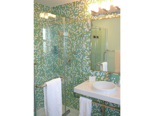 Mod Master Bath Shower in Kaleidoscope Colorways Ashbury Glass Mosaic Tile Blend