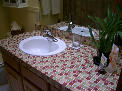 Residential Bathroom Counter in Prism Factor Seasons Blend Glass Tiles Photo