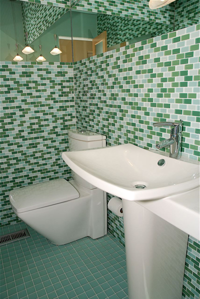 Residential Bathroom in Prism Squared 1 x 2 Glass Subway Tiles - Parisian Blend Photo