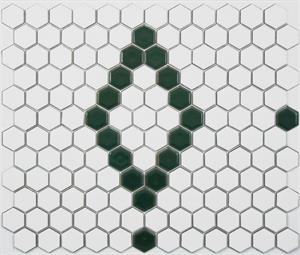Lyric Hexagon Tile Pattern -Diamond and Dot in Forest green and White