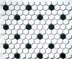 Lyric Satin Glazed Porcelain Mosaic Hexagon Tile in Cloud White & Coal Black Polka Dot