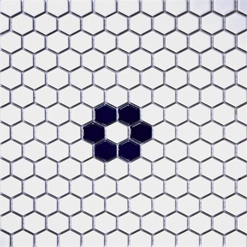 Navy Blue & White Hexagon Flower Pattern Mosaic Tile