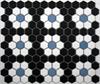 Repeating Rosettes Hex Tile Pattern in Black, White and Blue